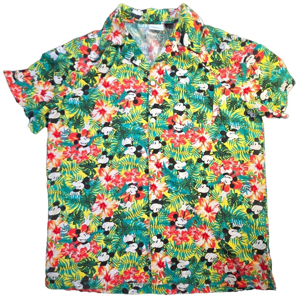 Disney Mickey Mouse Hawaiian Shirt Mens Sz L Tropical Floral Button Cotton Vacay